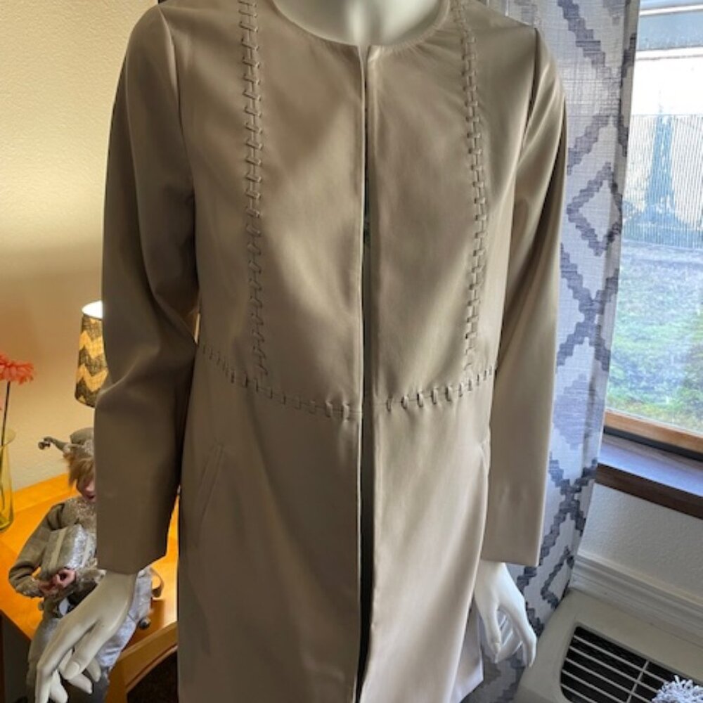 CHICOS BEIGE FAUX LEATHER KNEE LENGTH JACKET